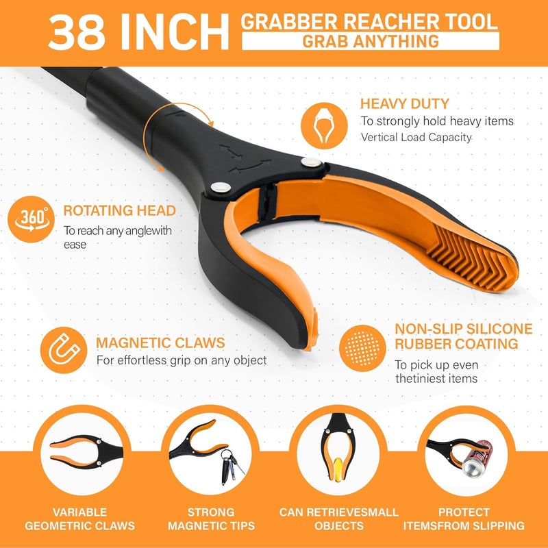 GrabRunner 38" Extra Long Grabber Reacher Tool – 2 Pack Extra Long Foldable Reacher Grabber Pickup Tools with 360° Rotating Jaw - Heavy Duty Pick Up Grabbers for Seniors, Trash, Surgery Recovery (Orange Blue) - Image 3